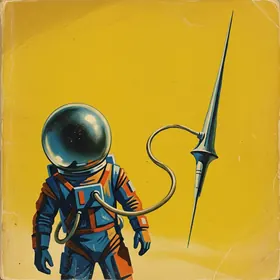 Astronaut tethered to floating spire