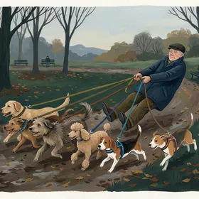 Dog walker pulled by dogs